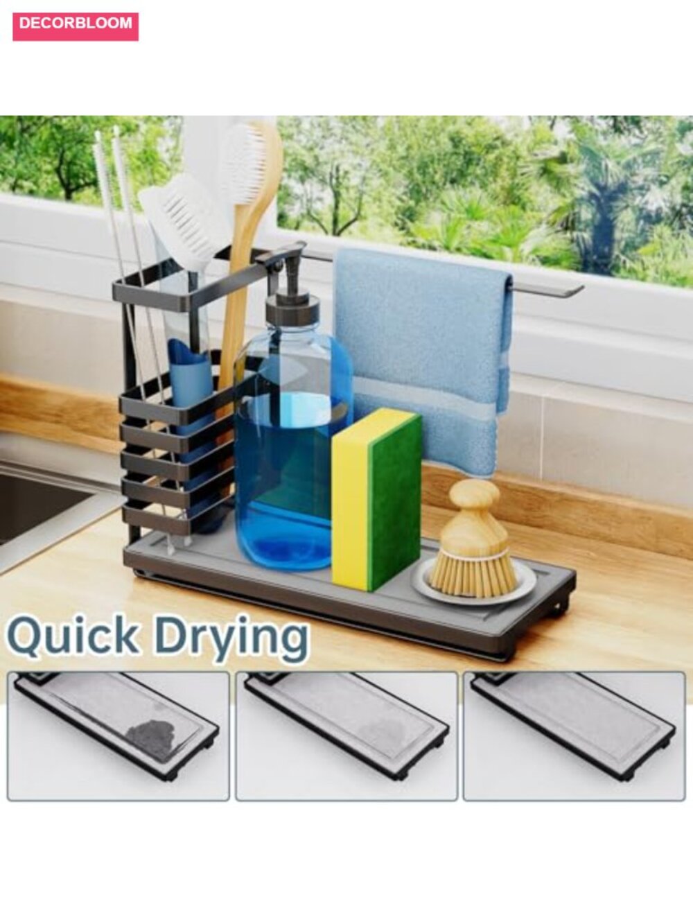 Stainless Steel Kitchen Sink Caddy with Diatomaceous Earth Base and Brush Holder - Picture 2 of 6